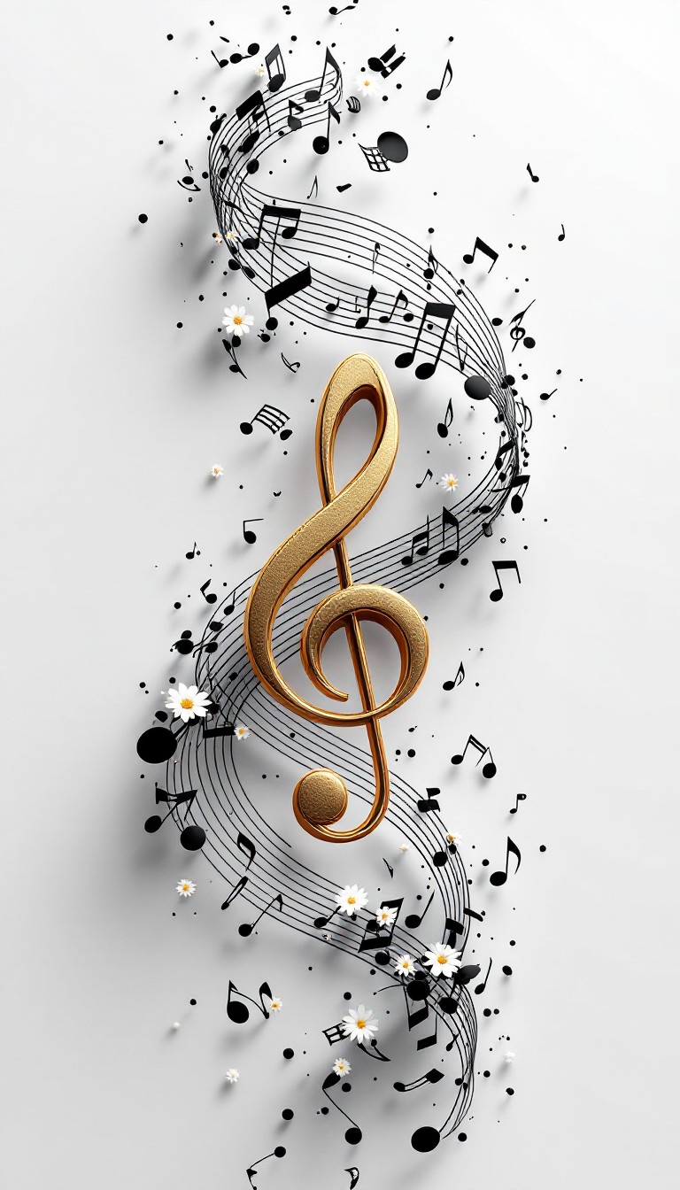Treble clef surrounded by flowing musical notes